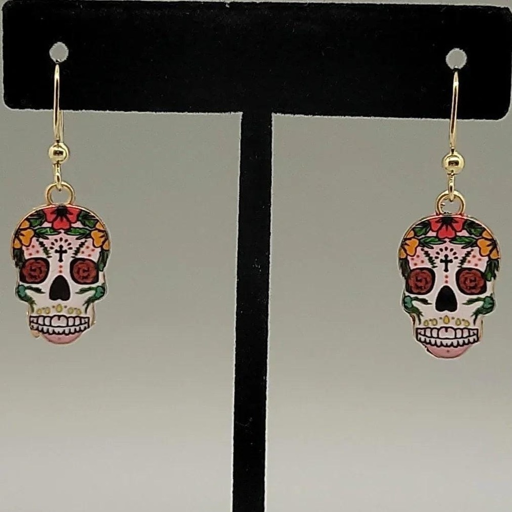 Colorful Sugar Skull Dangle Earrings, Halloween Jewelry